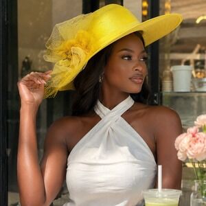Vintage Yellow Wide Brim Kentucky‎ Derby Straw Hat